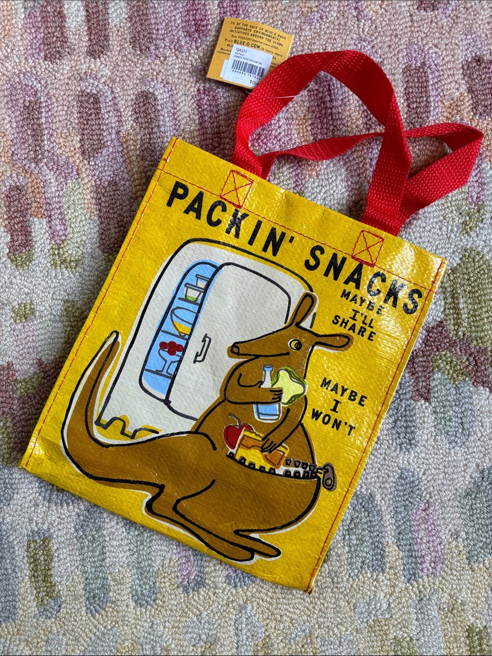 Blue Q Packin’ Snacks Handy Tote NWT kangaroo emptying fridge holding lotsa food
